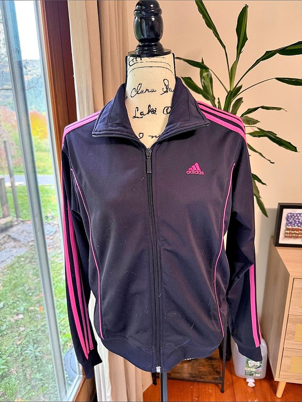adidas Track Jacket Black & Pink Size Medium